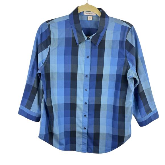 Coldwater Creek 100% Cotton Blue Plaid 3/4 Sleeve Collared Button Up Top Size 10 - Picture 1 of 6
